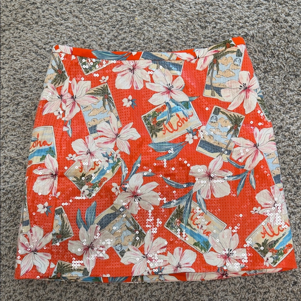 Sequined Orange Floral Mini Skirt